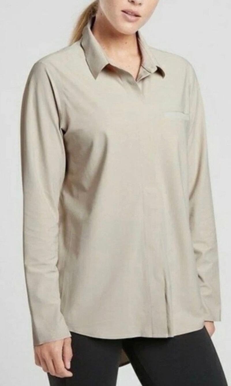 ATHLETA Urbanite Long Sleeve Button Down Shirt Top Tan Wrinkle Resistant-Size S